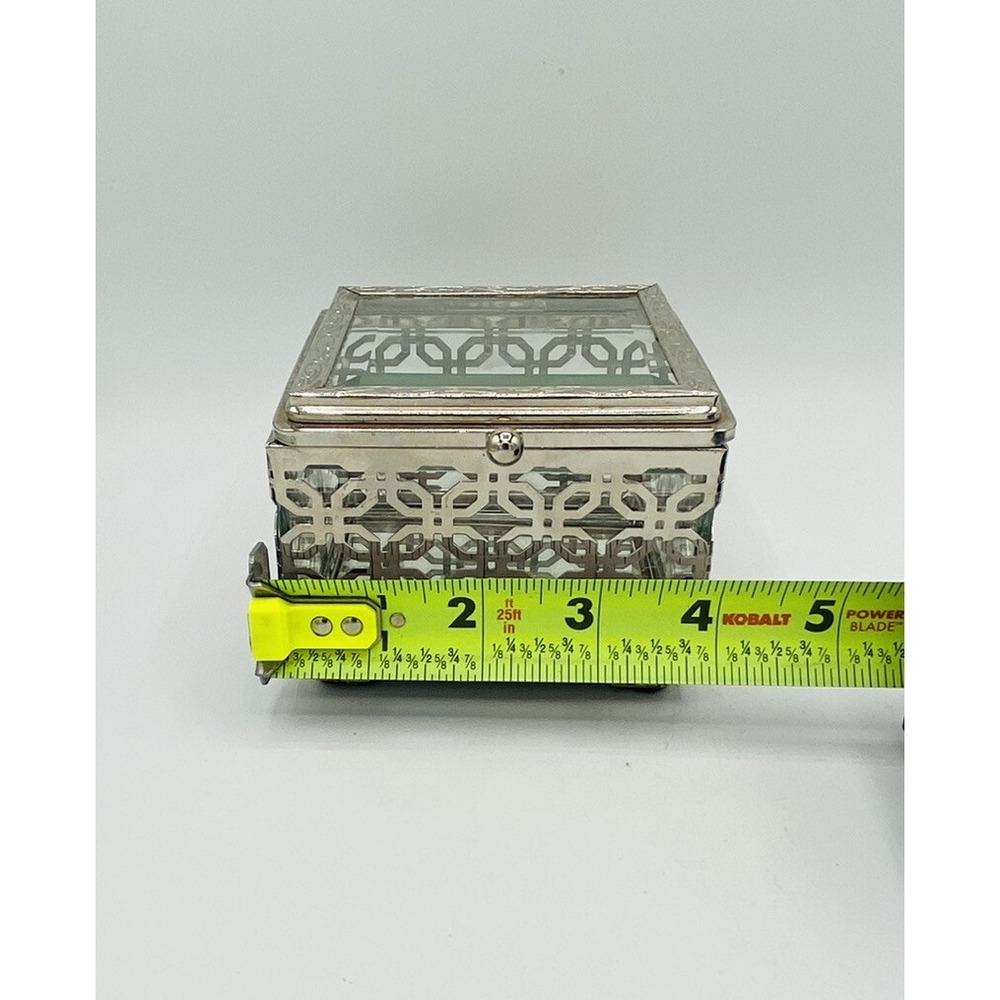 Cynthia Rowley Jewelry Box Silver Tone Filigree Pattern Beveled Glass New York - Picture 8 of 9